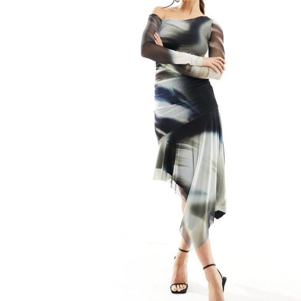 Bershka Off Shoulder Long Sleeve Blue Gray Abstract Patterned Mesh Midi Dress - Picture 4 of 7